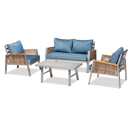 Baxton Studio Nicholson Modern Blue Fabric and Grey Metal with Brown Rattan 4-PC Outdoor Patio Lounge Set 183-11756-Zoro